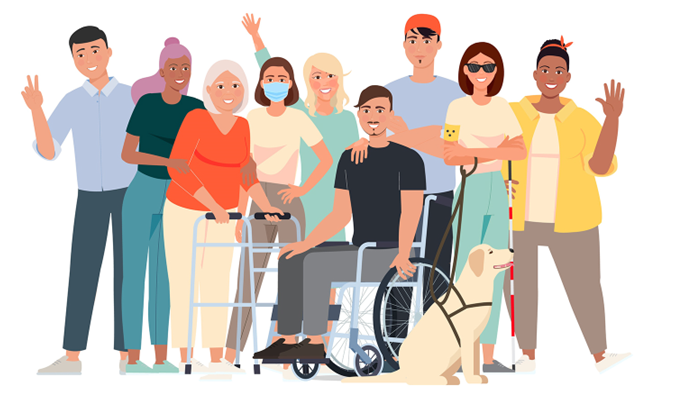 Diverse group of people smiling and waving