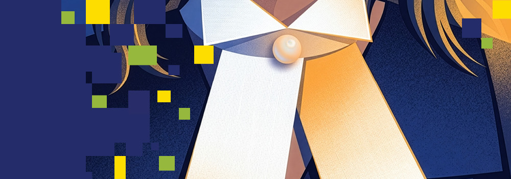 The banner image includes an illustration of a close-up view of a woman prosecutor’s robe and neck tabs, set against a dark blue background. Yellow, green, and blue pixelated squares float around, adding a digital or abstract effect.
